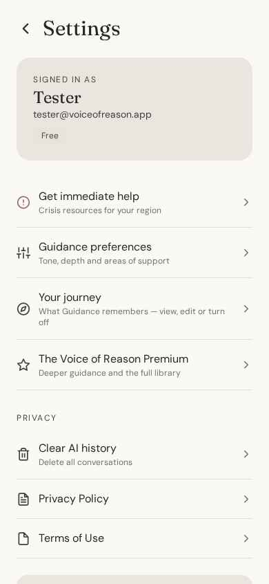 The Your Journey settings in The Voice of Reason, showing user control over memory