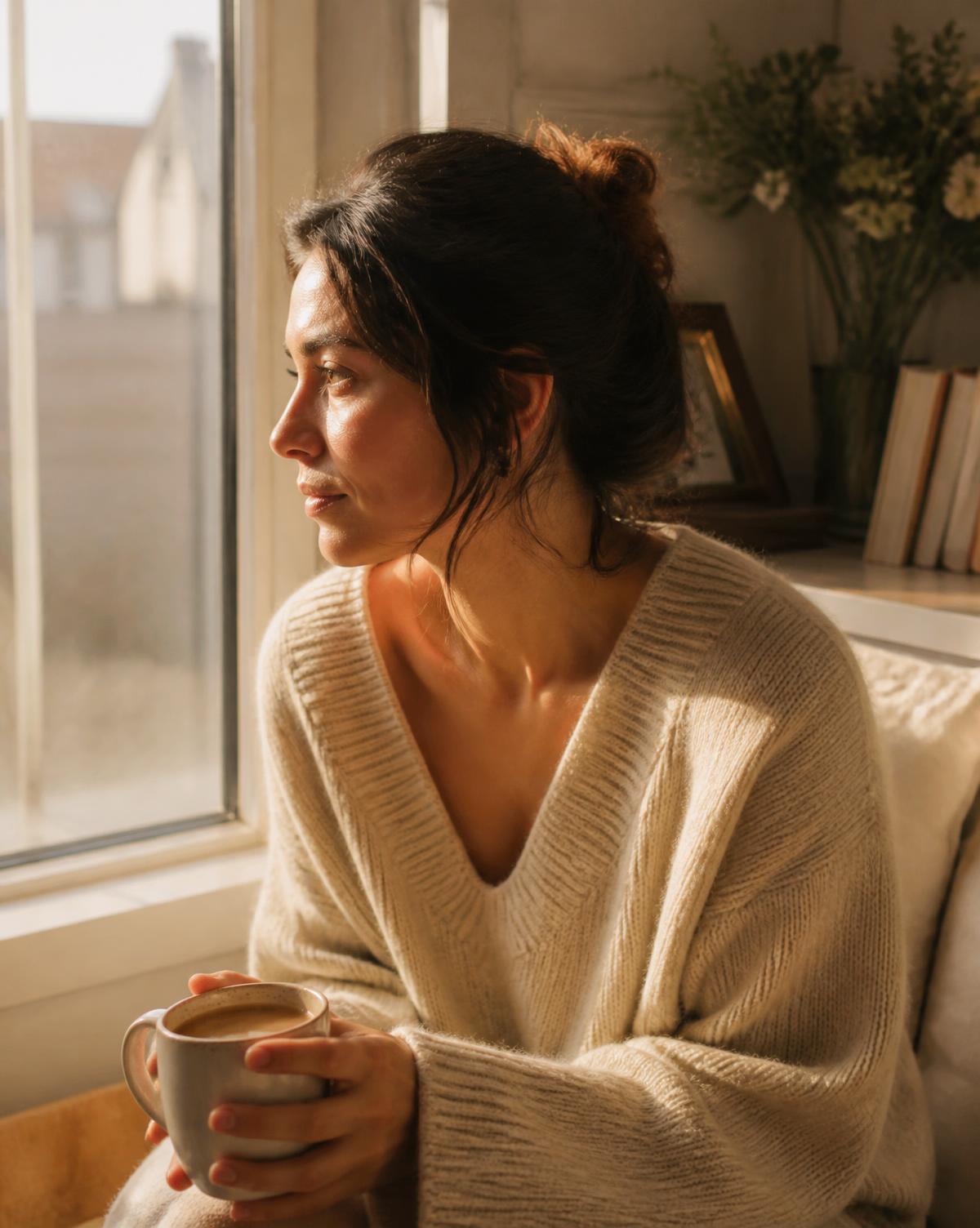 A woman sitting by a window in warm afternoon light, holding a mug